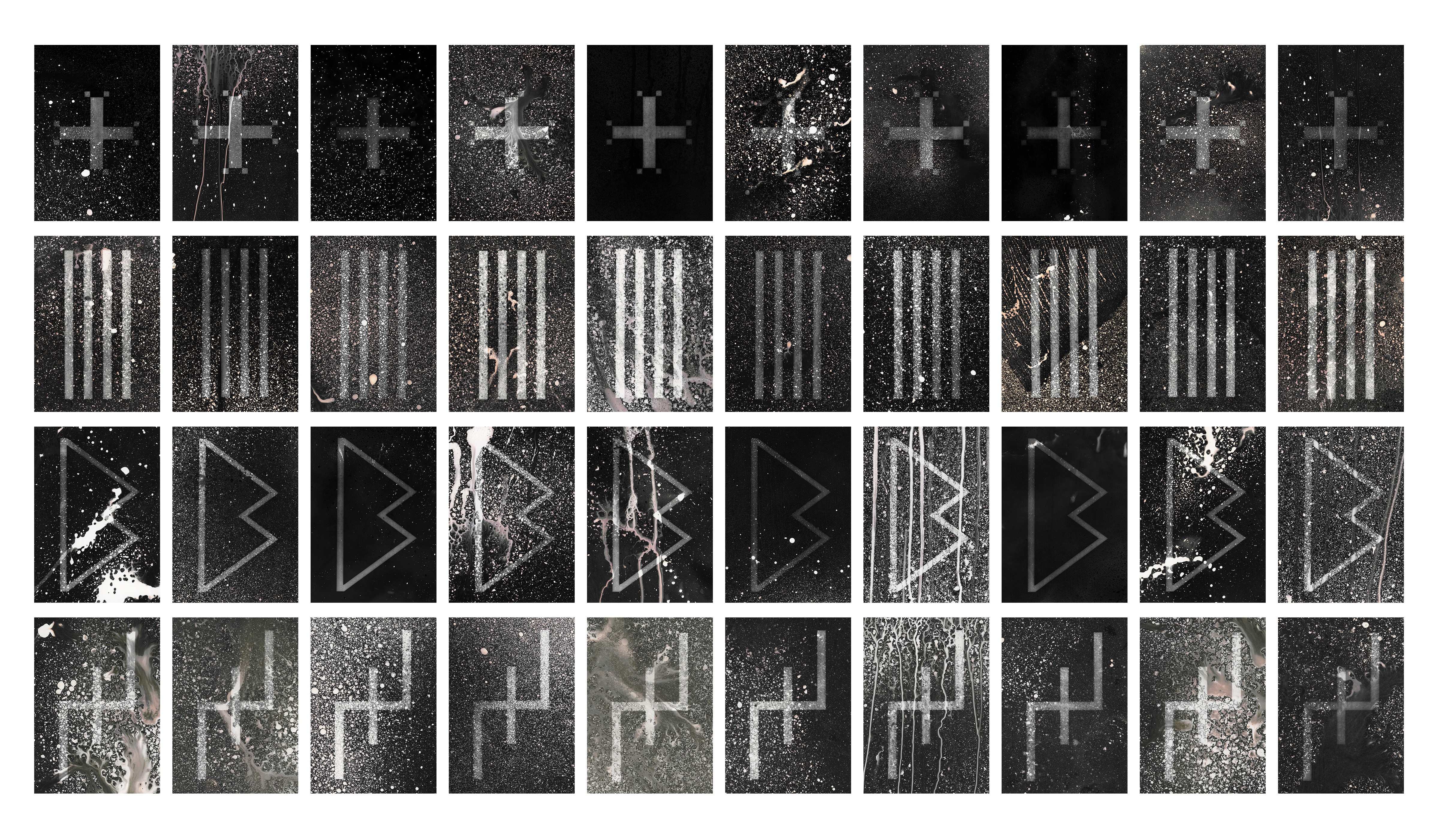 grid of black-and-white abstract images with repeated symbols, shapes, and dots