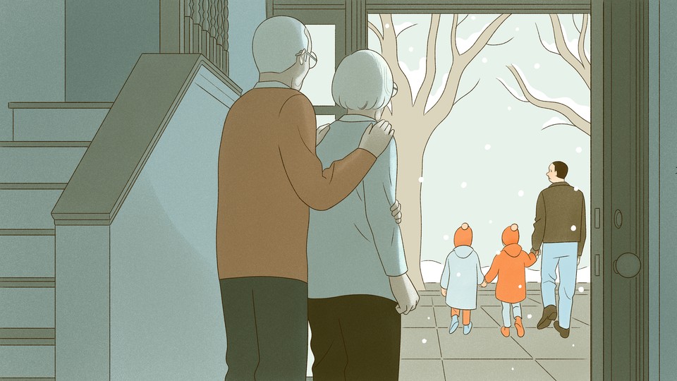 An illustration of an old couple watching a young man with his two kids walk away.