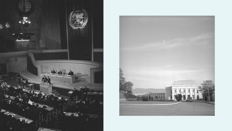 Left: General view of United Nations meeting. Andrev Gromyko, Soviet Ambassador to the US and leading Russian delegate, addressing the Assembly from the rostrum. January 17, 1946* Right: Palace of Nations / Anniversary day of the United Nations, Geneva, 1949
