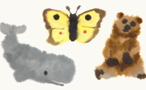 Fuzzy watercolor paintings of a gray whale, a yellow butterfly, and a brown bear