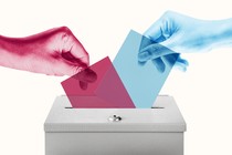 Red and blue hands inserting ballots in box
