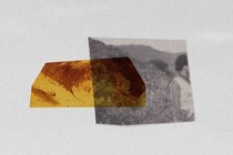 a patch of amber on top of a black and white photo of a woman in profile, her face outside the frame
