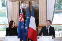 French President Emmanuel Macron and New Zealand Prime Minister Jacinda Ardern hold a news conference during the Christchurch Call meeting on May 15, 2019.