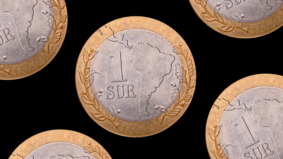 An illustration featuring coins mocked up as el sur