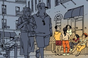 illustration of Brooklyn street at night with a couple walking past and giving a dirty look to a group of people on a brightly lit stoop who are talking and laughing