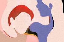 Illustration of two abstract figures, one with reddish hair facing forward and one with blue face and shoulder with long hair