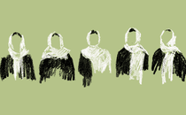 An illustration of four women wearing head coverings, etched in black and white pastel strokes.