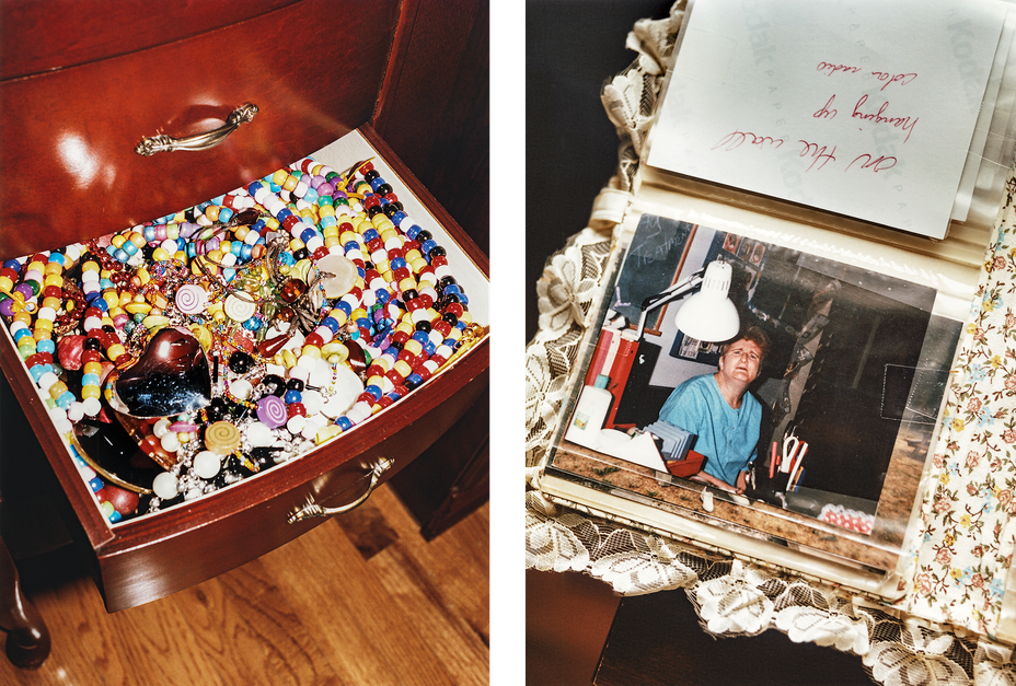2 photos: a jewelry box drawer filled with colorful necklaces and beads; a printed photo of a woman and lamp in a photo album