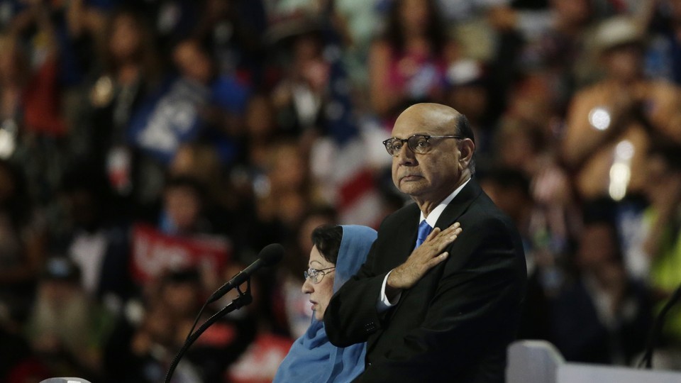 Ghazala and Khizr Khan on stage at the Democratic National Convention