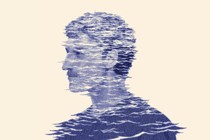 Profile illustration of a man with a mustache, composed of navy-blue waves, on a beige background.
