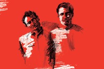 black and white sketch of Kerouac and Cassady on red background