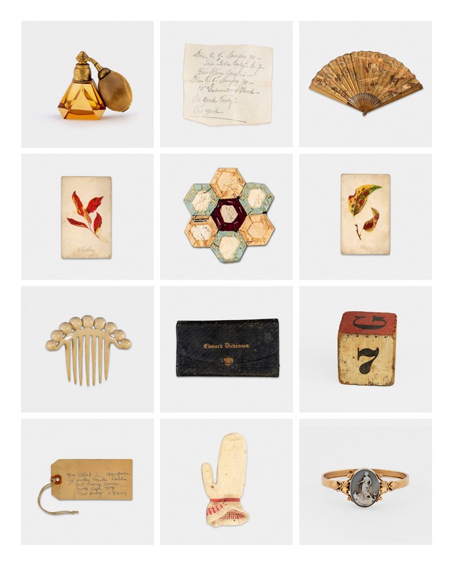 Twelve images of Dickinson family objects arranged in a grid