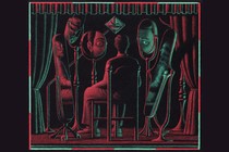 illustration of man sitting in chair, back to reader, facing a curtained stage with different parts reflected in multiple mirrors