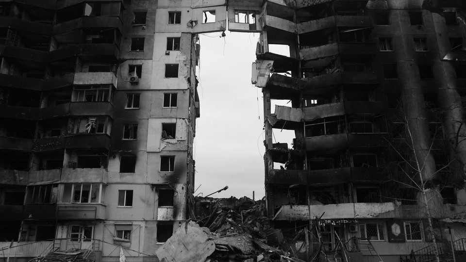 A damaged building in Borodianka, Ukraine