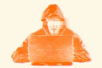 An orange-scale illustration of a hooded person with eyes blurred out, typing into a laptop.