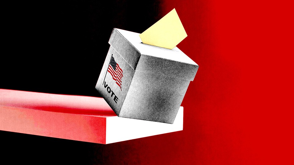 An illustration of a ballot box teetering on the edge of a plank