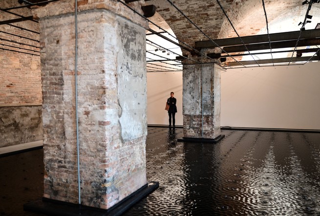 Visitors views "Rose of Nothingness" by Israeli artist Belu-Simion Fainaru, in the Israeli Pavilion during the pre-opening of the 61st Venice Art Biennale in Venice on May 6, 2026.