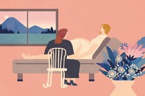 A pregnant woman lies in bed looking out the window as her friend sits nearby in a chair