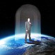 An illustration depicting Elon Musk standing on top of the Earth