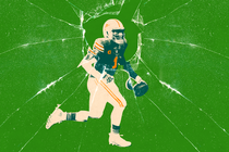 An illustration of Tua Tagovailoa behind broken glass