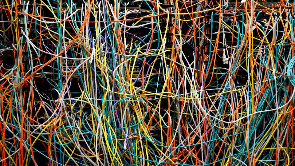 A tangle of colorful computer wires