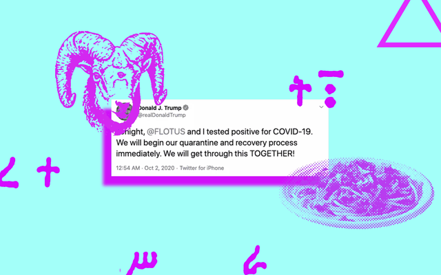 Donald Trump's tweet announcing his positive test result for COVID-19, surrounded by occult symbols