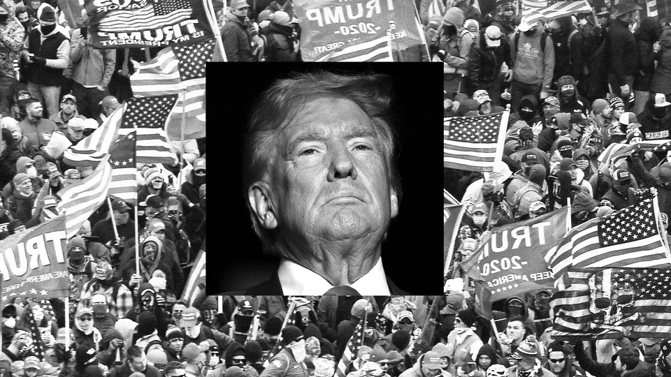 Photograph of Donald Trump juxtaposed over a photograph of the January 6 riot