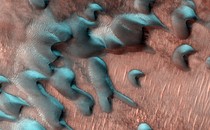 An orbiting spacecraft's view of frost, made of carbon dioxide and water, on the surface of Mars
