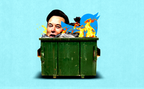 Photo collage of Elon Musk's face and a Twitter logo in a dumpster fire