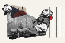 A collage with images of roses and a black and white photograph from the Soviet invasion, showing a tank going down a street