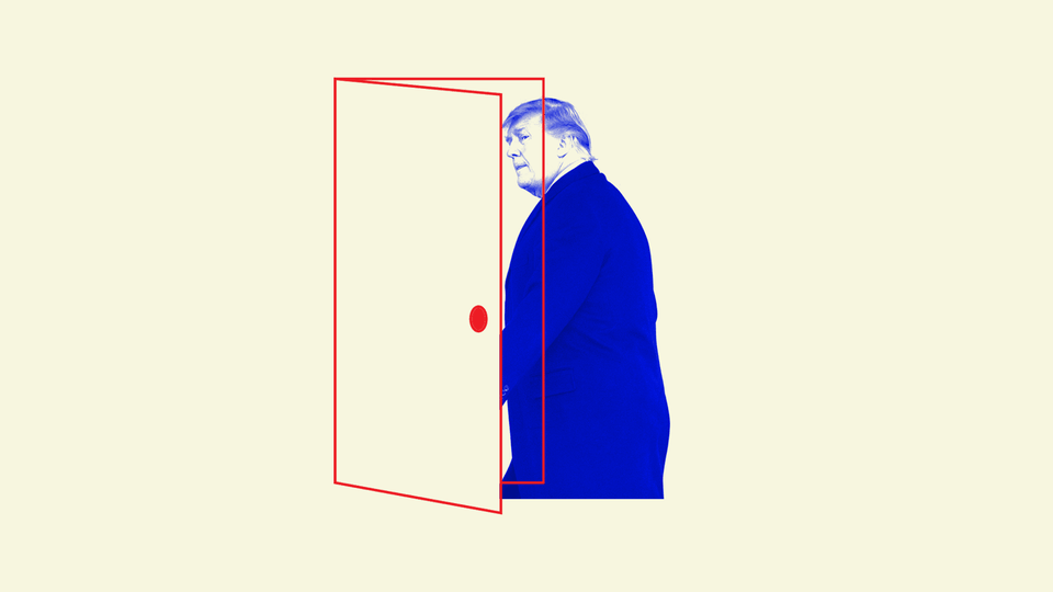 An illustration of Donald Trump walking out of a door