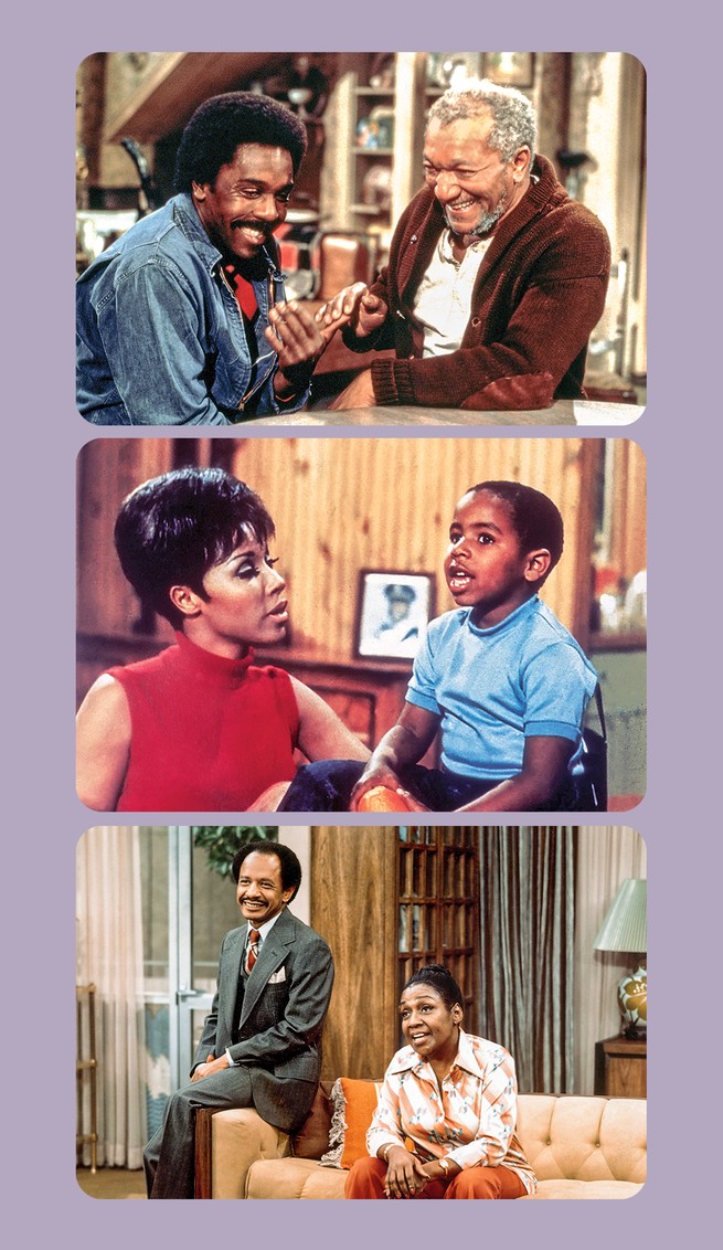 3 video stills: Lamont and Fred Sanford clasping hands and laughing; Julia and her son talking; George and Louise Jefferson talking in their living room