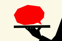 A cutout illustration of a red speech bubble served over a platter; a black silhouette is holding the platter.