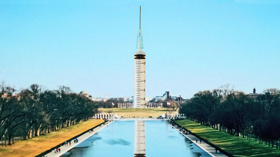 An illustration of the National Mall with a vaccine needle as the Washington Monument