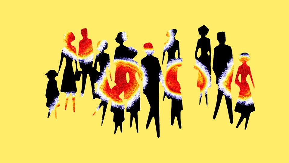 an illustration of a crowd of people with monkeypox particles layered over them