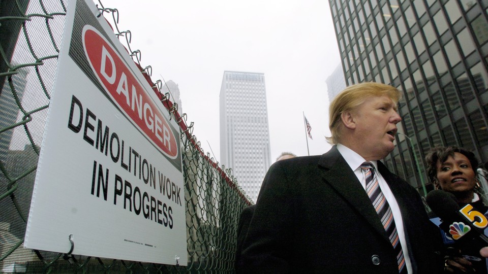 Donald Trump in Chicago in 2004, as demolition of the old Chicago Sun-Times building begins.