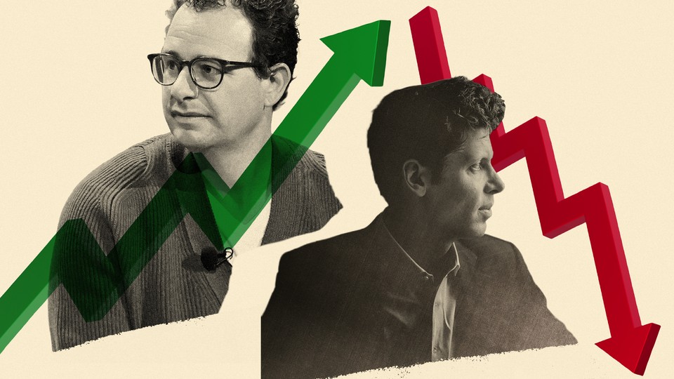 A photo-illustration showing Anthropic CEO Dario Amodei beside a green upward-facing arrow and OpenAI CEO Sam Altman beside a red downward-facing arrow