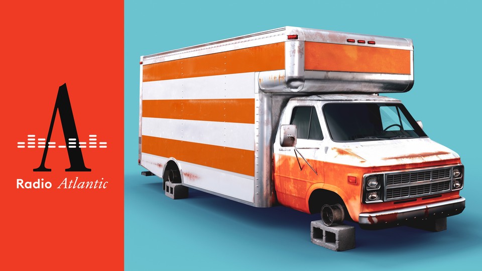 A photo-illustration of an orange-and-white moving truck without wheels, sitting up on cylinder blocks