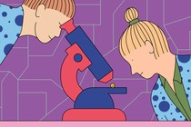 Illustration of two people looking into a microscope pointed at a tiny smiley face