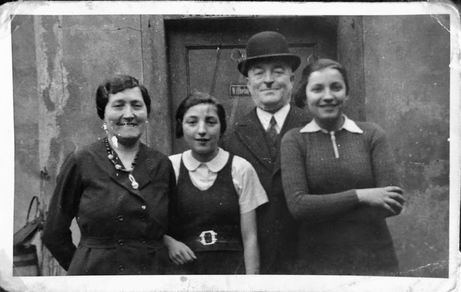 A black-and-white family photograph