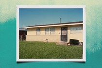 A photo shows a cream-colored one-story home with a green lawn. An old TV screen is by the front door. The photo is framed in white and stuck on a background that is a greenish-yellow color that fades into deep turquoise color.