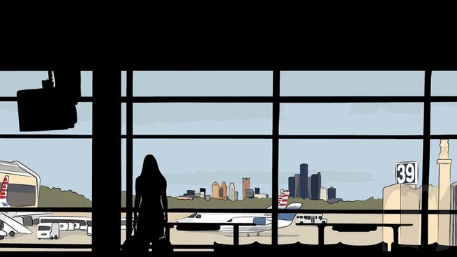 An illustration of a woman looking out from an airport