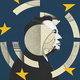 Black-and-white photo of Elon Musk in profile surrounded and half-obscured by broken stars and pieces of circle featuring a map of Europe and Greek columns