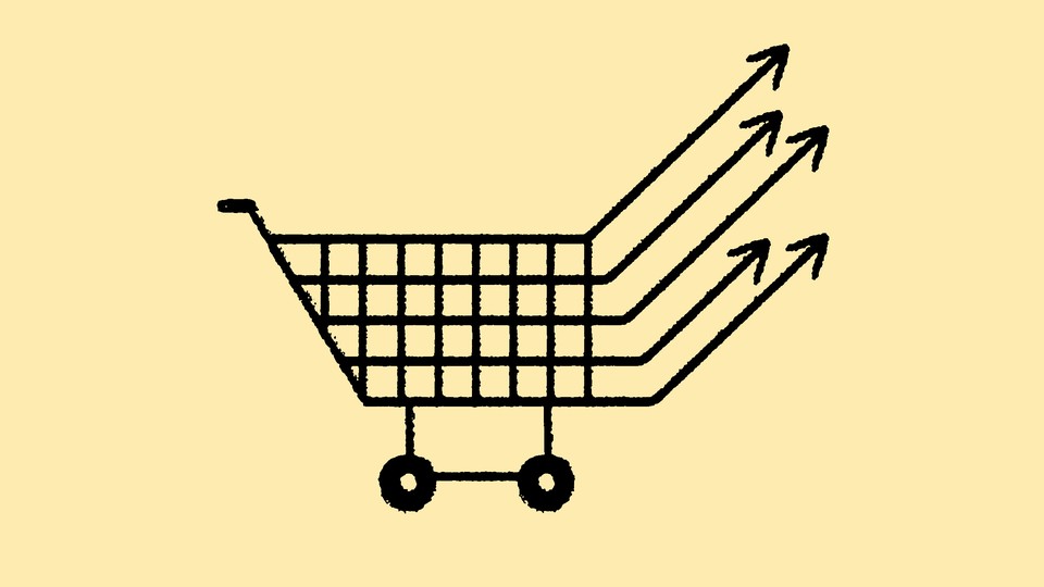 An illustration of a shopping cart morphing into a graph of rising prices.