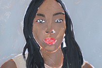 A portrait of a woman in her 30s is painted over a gray background. The woman looks straight ahead, serious. She has black hair to her shoulders, brown skin, brown eyes, and red lips. She is wearing a tan, sleeveless blouse. She has one earring in her left ear; her right is covered by her hair.