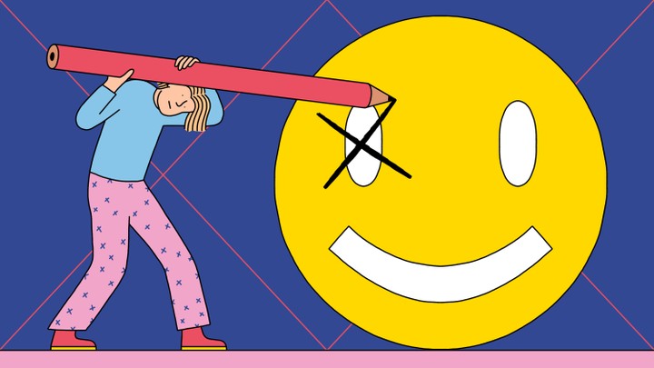 A person with a giant pencil makes a check mark in the eye of a smiley face, as though marking a ballot