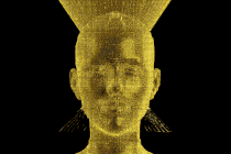 A GIF of a gold face being scanned downward on a black background