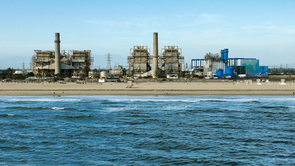 A desalination plant along the beach, in California