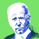 A pencil illustration of Joe Biden on a green background