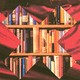 An illustration featuring library bookshelves seen through an x-mark against a red-cape background.